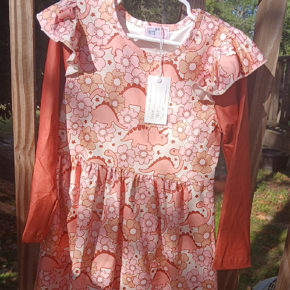 Pink and Brown Ruffled Tiered dress with Long Sleeves, 6 -6x